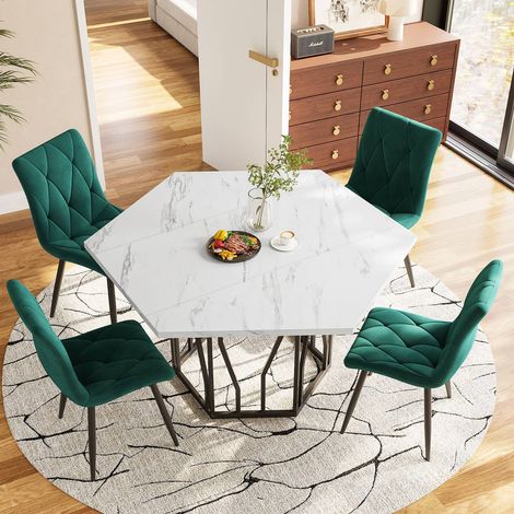 Ensemble de salle à manger avec table hexagonale effet marbre et 4 chaises en velours vert, design moderne et chaleureux pour salle à manger (1/5)