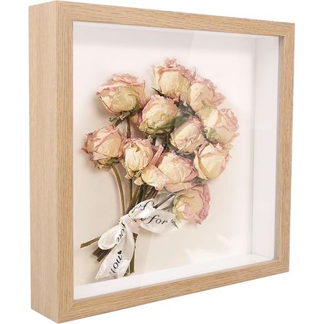 Cadre photo 3D carré en bois 20 x 20 cm, profond, idéal pour photos, bouquet de mariage et décoration DIY (couleur bois)