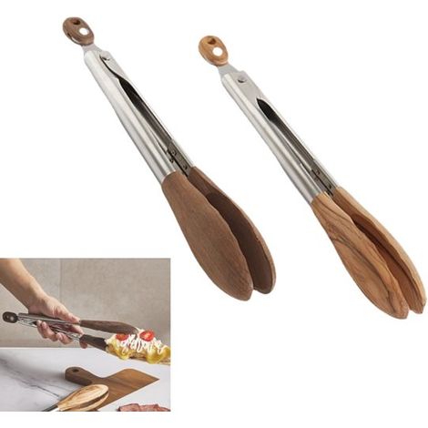 Küchenzange aus Holz – 2er-Set – 30 cm – zum Aufhängen – hitzebeständig, antibakteriell, leicht zu reinigen – ideal zum Kochen, Grillen und Servieren von Speisen – Olivenholz und Schwarznuss