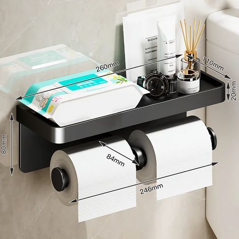 (Style B long noir) Porte-papier toilette mural en alliage d'aluminium avec support pour téléphone et étagère pour rouleau de papier toilette, accessoires de salle de bain. (1/5)