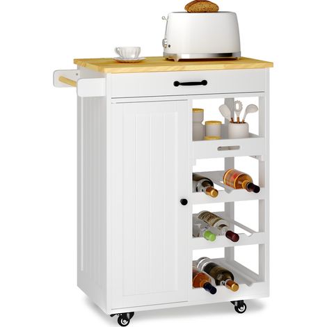 Küchenwagen Bealife Servierwagen mit 1 Schublade 1 Schranktür Sowie Handtuchstange Haken an der Seite Verstellbare Ablagen für Küche Esszimmer Weiß 74,5 x 90,5 x 40 cm