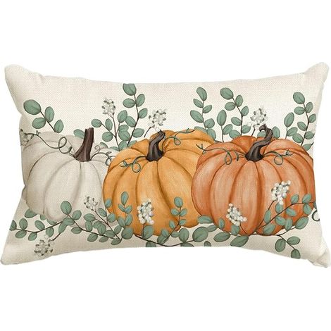 3 federe 30x50 cm con motivo autunnale di zucca ed eucalipto, decorative per il soggiorno. (1/3)