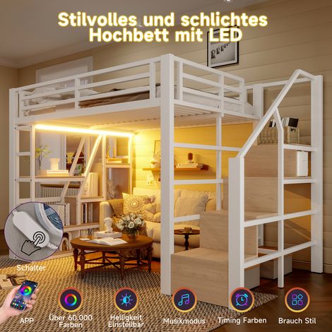 Lit minuit 140x200cm,cadre en fer,rangements,marches et rampe de sécurité,échelle,bande LED,espace ouvert sous le lit,matelas non inclus,blanc
