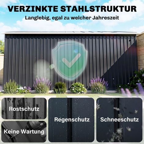 Abri de jardin imperméable pour rangement outils extérieur, avec grilles d'aération, portes coulissantes, acier gris anthracite.