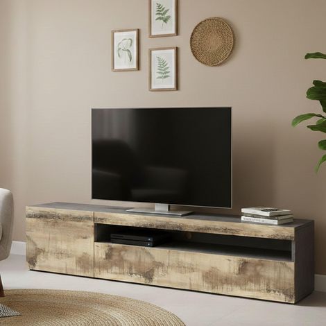 Meuble TV, Buffet bas de salon, Base pour meuble TV, 150x40h37 cm, Ardoise et Érable (1/5)