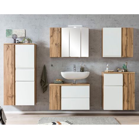 Badmöbel Set mit Midischrank, stehend oder hängend, in Wotan Eiche Nb. mit weiß matt, VASTO-03-WHITE, B/H/T ca. 245/200/35 cm (1/5)