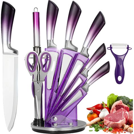 Juego de cuchillos de cocina con revestimiento antiadherente, incluye bloque para cuchillos, color morado. (1/2)