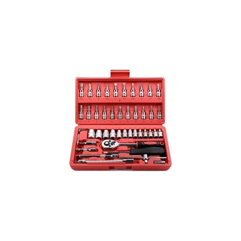 Set de douilles à clé à cliquet 1/4 pouce (46 pièces), incluant un set de douilles à embout métriques et une tige de rallonge. Idéal pour la réparation automobile et l'utilisation domestique, livré av