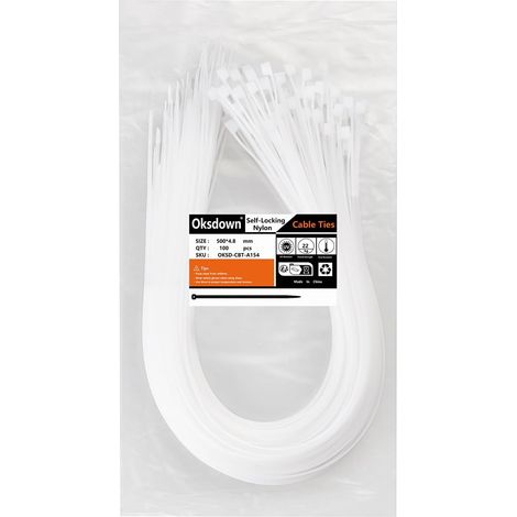 Lot de 100 Collier de Serrage Nylon 500mm x 4,8mm Blanc Gestion Câbles Extérieur Intérieur (1/5)