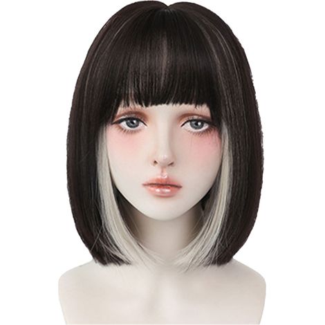 Perruque courte pour femme, tendance, avec crochets d'oreille, teinte, perruque complète, cheveux mi-longs, visage rond, frange, carré, boucles vers l'intérieur, perruque complète, noire avec crochets (1/5)
