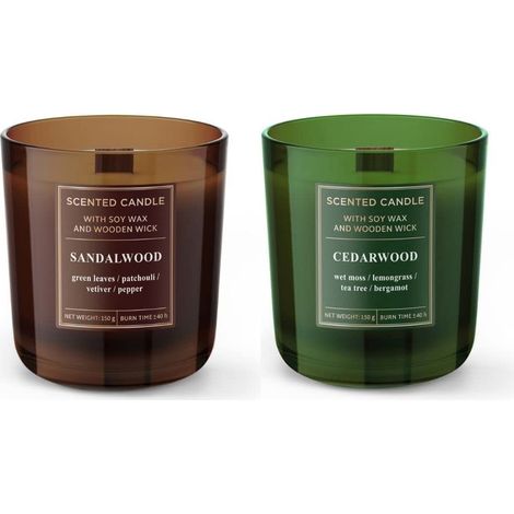 Lot de 2 bougies parfumées Cedarwood et sandalwood - 8,5 x 8 x 8,5 cm - 150 g par bougie - Vert - Marron (1/5)