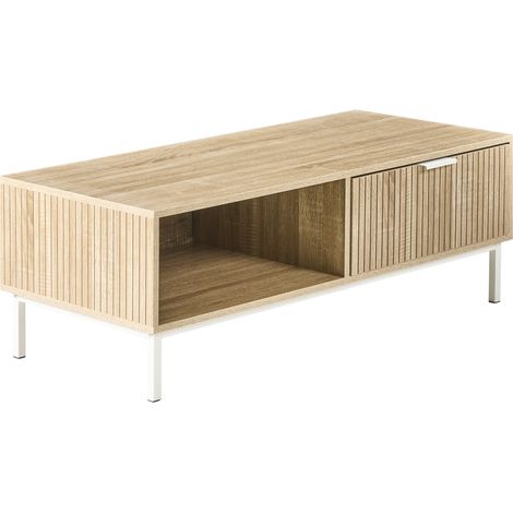 Mesa de centro de estilo escandinavo con cajón MDF patas de metal estante espacio de almacenaje 110 x 50 cm marrón claro Royalla