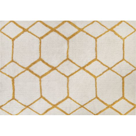 Alfombra de algodón blanco crema amarillo 160 x 230 cm a mano geométrico Beyler