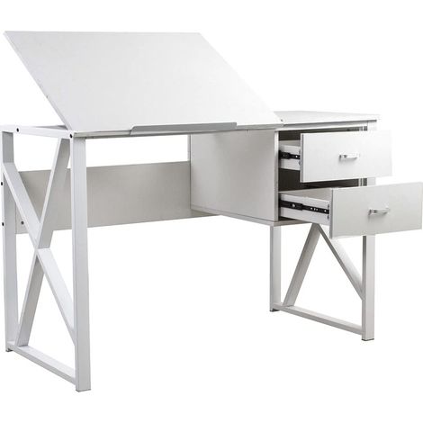 Bureau avec 2 tiroirs et Plateau inclinable Table de Travail Porte-PC Ordinateur Structure en métal et Plateau en Bois MDF décoration Maison Bureau 110 x 75 x 55 cm (Blanc) (1/5)
