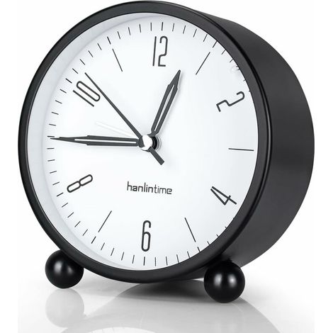 DEESSE SHOP - Réveil de chevet, horloge de bureau silencieuse sans tic-tac, réveil analogique à piles avec veilleuse, réveil rond minimaliste en métal pour chambre à coucher, table de chevet, bureau, (1/5)