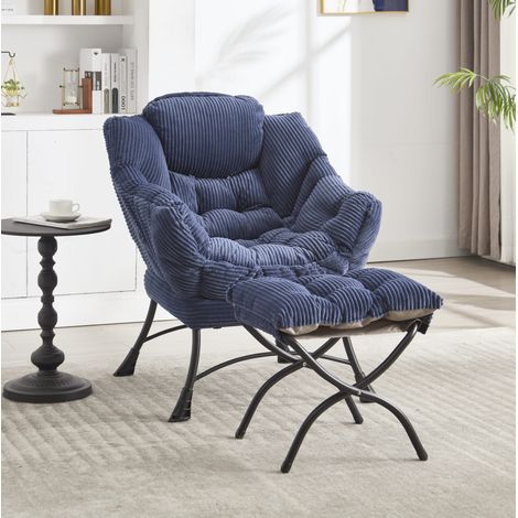Poltrona relax 69.9x64x95 cm blu navy in acciaio e flanella con pouf, tasca laterale e braccioli (1/5)