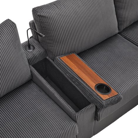 Canapé en U gris en velours côtelé avec 2 poufs, lampe de lecture, tablette rabattable, USB et éclairage LED pour salon et détente (1/5)
