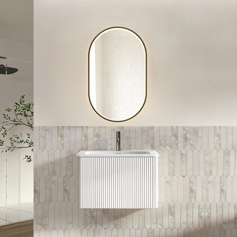 Ensemble meuble salle de bain 60cm avec miroir ovale (strass, noir), vasque & sous-lavabo, blanc (1/5)