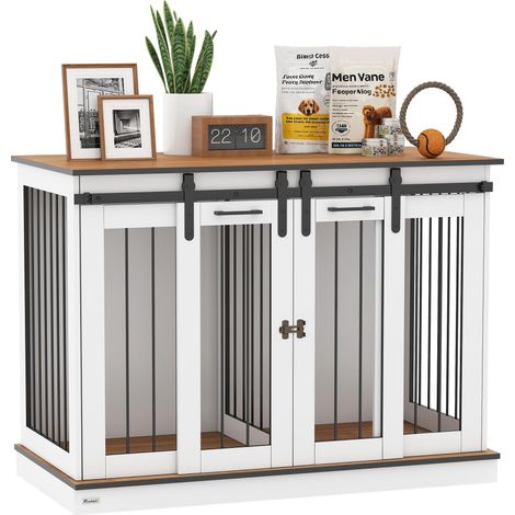 Cage de transport pour chien à 2 portes, style rustique, verrouillable, blanche