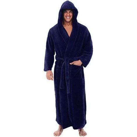 Men's Winter Bathrobe Long Plush Blue Home Wear Warm Coat XXL