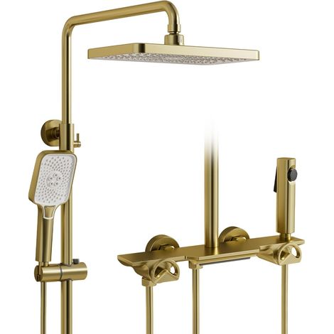 Colonne de douche,Or brossé Ensemble de colonne douche 4 en 1,Pommeau de douche carré à effet pluie 300x180 mm,Douchette à main 3 modes,Pommeau douche 360°,Douche à effet pluie avec accessoires (1/5)