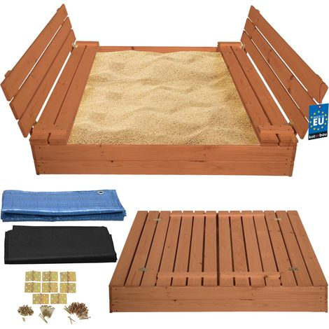 KOTARBAU® Bac à Sable Enfant Extérieur Bois 140x140 cm Marron avec Couvercle et Bancs Bac à Sable Refermable Imprégné Avec Tissu Anti-Mauvaises Herbes (1/5)