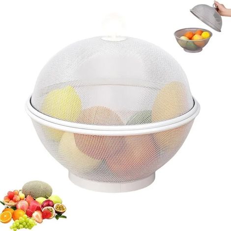 Corbeille à fruits avec couvercle – Plateau décoratif en maille métallique pour fruits et légumes, panier lavage/égouttement - Blanc (1/5)