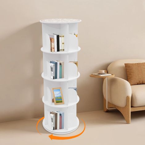 HAUTOUR Bibliothèque Rotative à 4 Niveaux, 16 Compartiments, Étagère Tournante Rotative à 360°, pour Coucher, Salon, Bureau, 39.5x115.5 cm, Capacité de charge: 60 kg, Blanc (1/5)