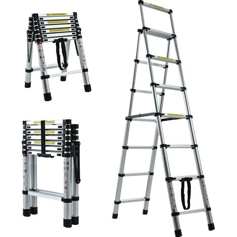 Telescoping Step Ladder Aluminum Folding Stepladder 6+7 Steps Max 150kgs Capacity A-Frame Multipurpose Ladder for Indoor and Outdoor Household (1/5)