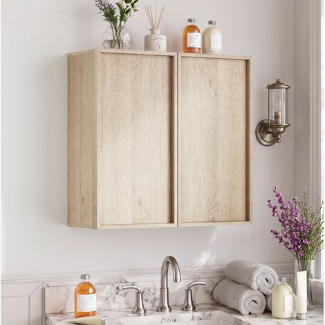 Armario de Baño de Pared con 2 Puertas Sin Tiradores, Almacenamiento Cerrado, MDF, Roble, 60 × 21.6 × 58 cm (1/5)
