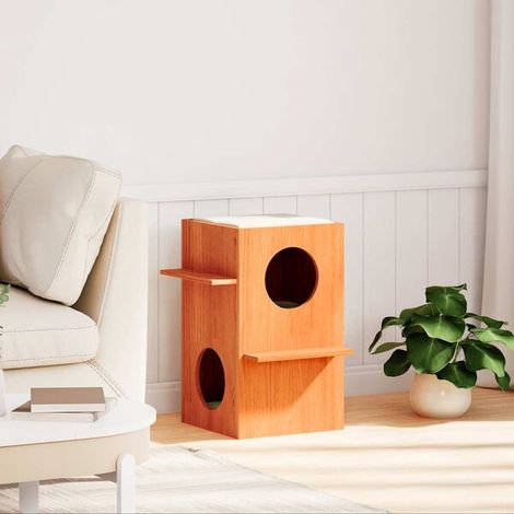 Niche pour chat, finition cire brune, 43 x 43 x 60 cm, en pin massif
