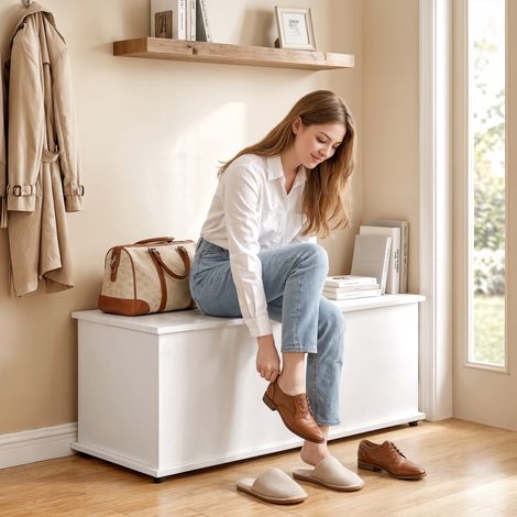 Banc coffre, banc de rangement polyvalent avec charnières de sécurité, banc rangement à chaussures en bois avec couvercle pour entrée, couloir, chambre à coucher, salon, 100x40x40cm, blanc (1/5)