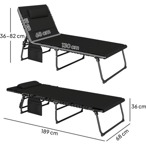 Ensemble de 2 chaises longues pliantes de jardin avec appui-tête, dossier réglable en hauteur (5 positions), poche latérale, noires (1/5)