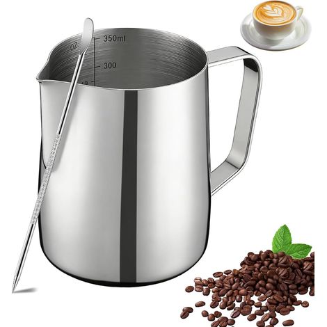 Milchkännchen – 350 ml – Edelstahl – Mit Mess- und Latte-Art-Stift – Für Cappuccino, Espresso und Latte Art – Perfekt für Kaffeeliebhaber (1/5)