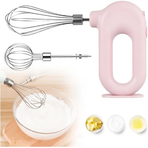 QORVA-Batteur à main électrique: Batteur à main rose puissant à 4 vitesses, batteur à main sans fil avec 2 fouets en acier inoxydable, fouet électrique sans fil pour d'œufs et de crème