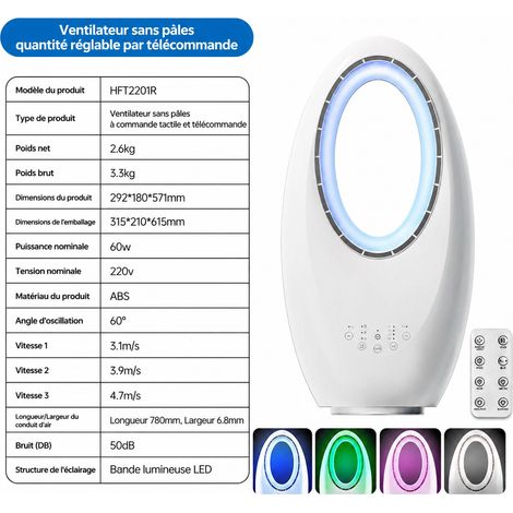 Ventilateur sans pales tour tactile avec télécommande et lumière d'ambiance réf 8149 31,5 × 21 × 61,5 cm 3,3 kg – Livraison gratuite