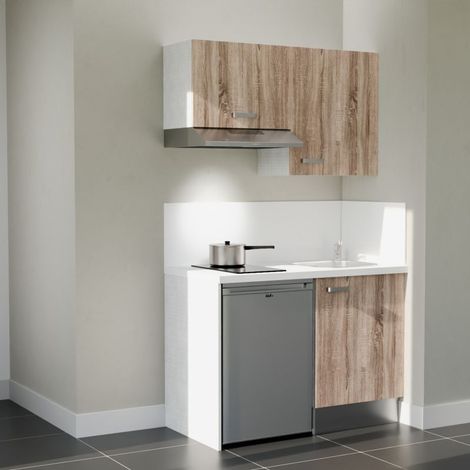 Kitchenette K01L-PT - 120 cm - plan stratifié, évier inox, - Façade Bois - Plan Blanc - Crédences Oui + Electroménager inclus coloris Inox