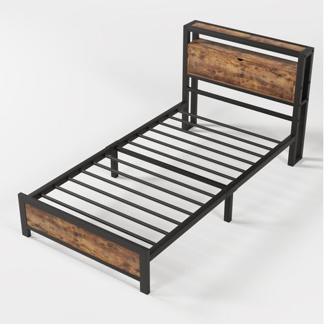 Cama individual 90 x 200 cm de metal negro con cabecero con almacenaje y lamas metálicas (1/5)