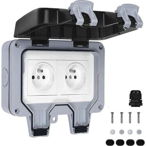 Prise électrique extérieure double étanche IP66 – 16 A avec couvercle de protection pour jardin, garage et terrasse (1/4)