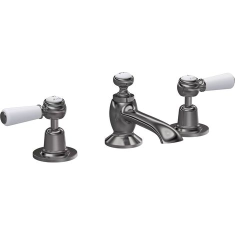 Hudson Reed Topaz Lever 3-Hole Basin Mixer Tap Deck Mounted with Pop Up Waste - Brushed Pewter