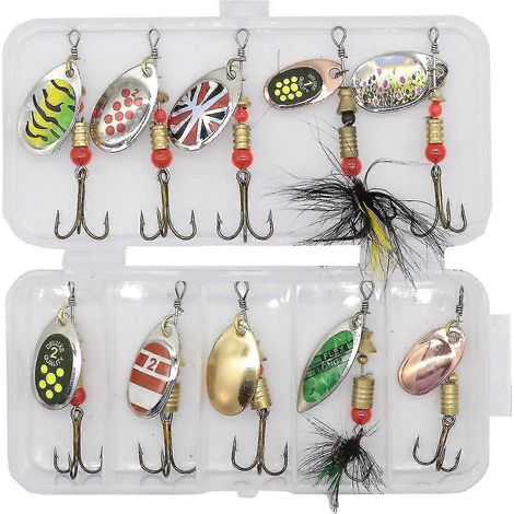 Leurres de pêche, leurres tournants et cuillères de pêche, kit de leurres avec boîte de rangement en plastique pour truite, brochet, perche, bar et saumon (10 pièces, multicolore)
