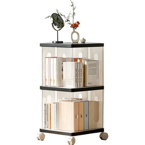 Bibliothèque rotative sur pied avec roulettes silencieuses, étagère de rangement mobile 360°, noir, 2 niveaux (1/5)