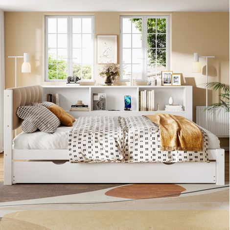 MEUBLIV Letto 140x200 cm bianco – con letto estraibile, LED e USB, senza materasso (1/5)