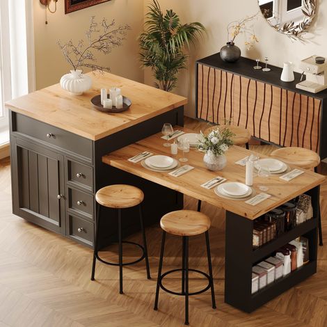 Table de bar extensible avec tiroirs et roulettes 120-184 x 70 cm Îlot de cuisine îlot mobile avec plateau imitation bois Noir (1/5)