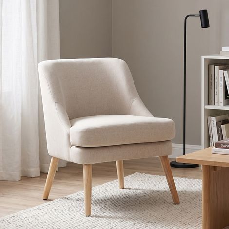 Fauteuil Scandinave Confortable pour Salon et Chambre, Pieds en Bois Massif, Revêtement en Tissu Lin, Beige (1/5)