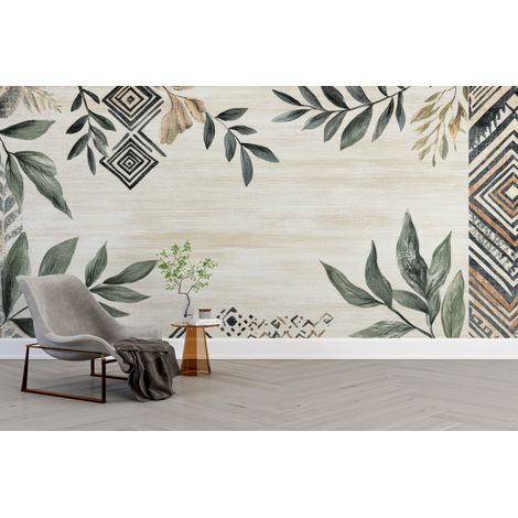 Papier peint boho - cadre de feuillages séchés et motifs ethniques - 400 x 260 cm (1/2)