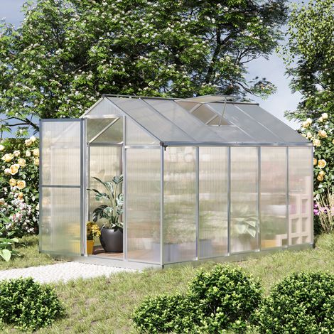 Serre de jardin en aluminium polycarbonate, serre avec fenêtres supérieures réglables, porte battante, abri extérieur résistant aux intempéries pour plante fleur, 303x183x195 cm, transparent (1/5)