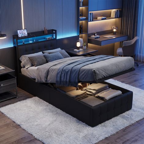 Polsterbett mit bettkasten 90x200 cm - einzelbett für jugendliche und erwachsene inklusive lattenrost led-kopfteil usb-anschlüsse - modern kunstleder - grau (1/5)