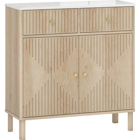Buffet cannelé, meuble de rangement en chêne avec dessus marbre, 2 tiroirs, 2 portes, étagère ajustable, 77x30x80cm (1/5)