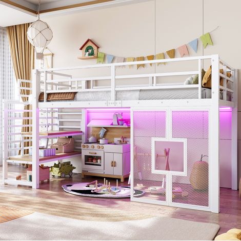 Lit mezzanine 90x200 cm en métal avec escalier, rangements, LED et fenêtres, blanc OKMYHOME (1/5)